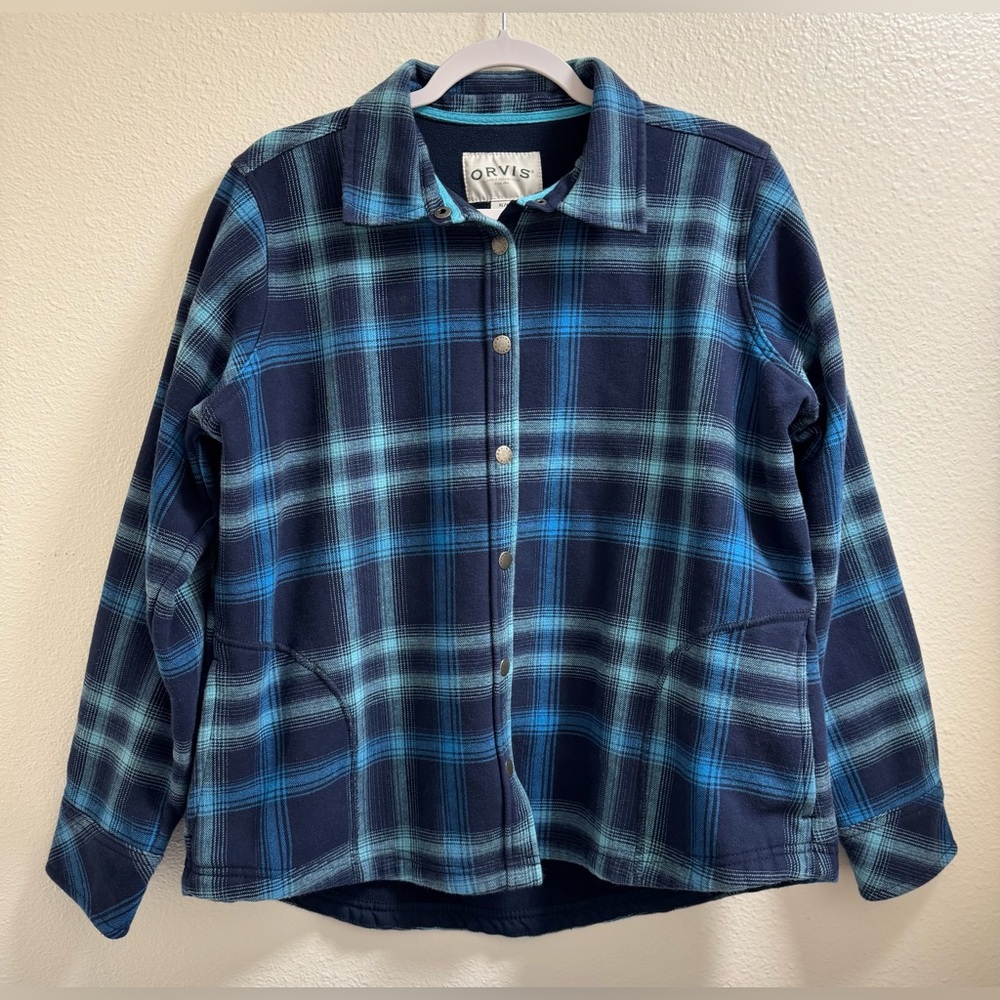 Orvis Flannel Jacket Plaid Fleece Lined Snap Button Pockets Cotton Blue Women XL